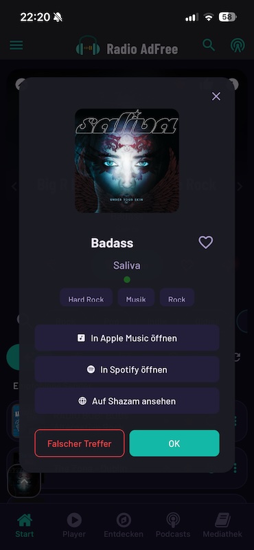 Shazam-Ergebnis in Radio Adfree: erkannter Song mit Cover, Genre-Tags und Links zu Apple Music, Spotify und Shazam