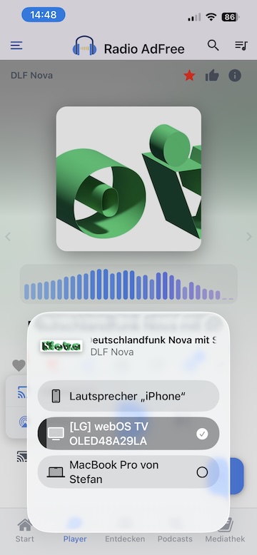 Radio Adfree Player mit AirPlay-Button auf dem iPhone