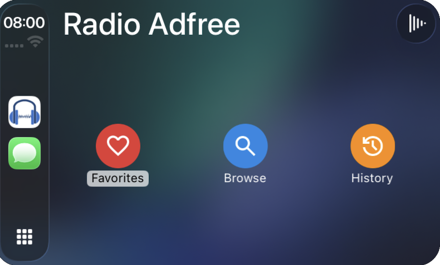 Radio Adfree CarPlay Startseite mit Favoriten und zuletzt gehörten Sendern