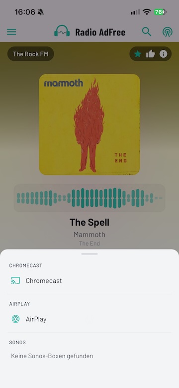 Radio Adfree mit Chromecast-Cast-Button im Player