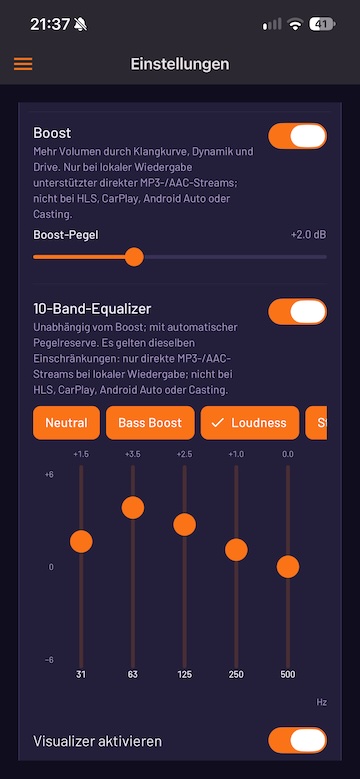Radio Adfree Equalizer und Sound Boost