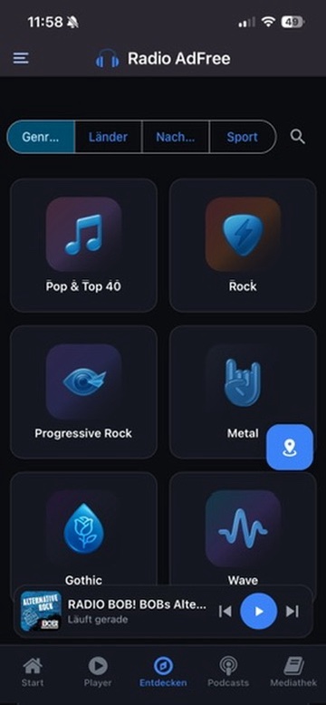 Radio Adfree Genre-Browsing - Rock, Pop, Jazz, Klassik