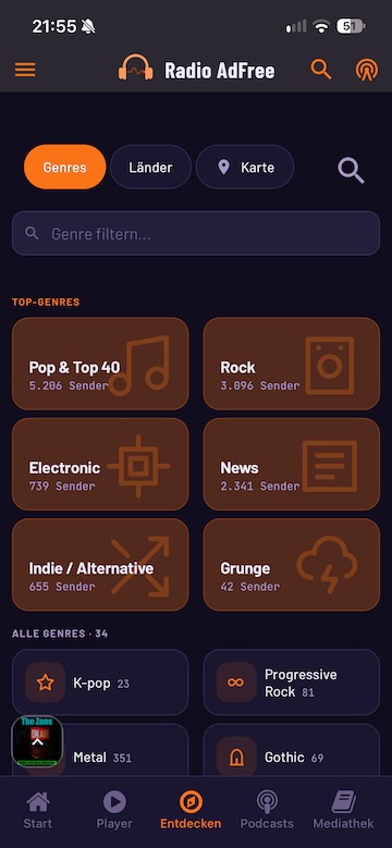 Radio Adfree Genre-Browsing - Rock, Pop, Jazz, Klassik