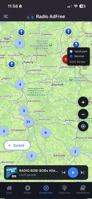 Radio Adfree interaktive Kartenansicht mit Sendern