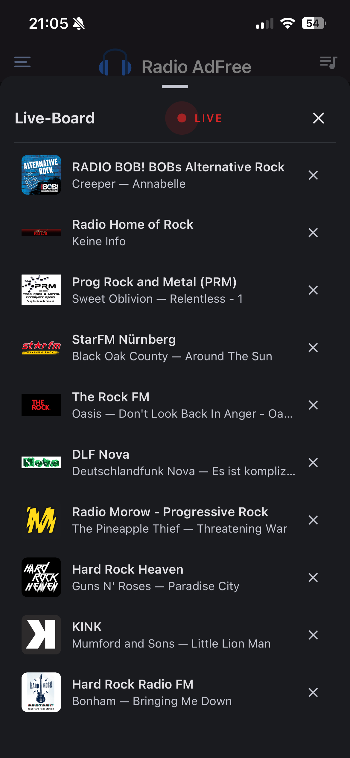 Radio Adfree Live Board - Now Playing Übersicht
