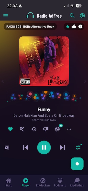 Radio Adfree Player mit Partikel-Visualizer - Radio App ohne Werbung mit Song-Erkennung