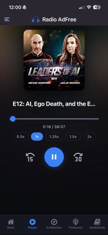 Radio Adfree Podcast Player mit Fortschritts-Tracking