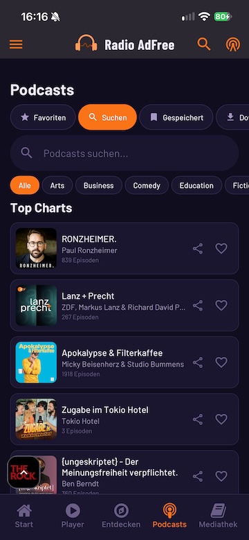 Radio Adfree Podcast-Bereich mit Trending Shows