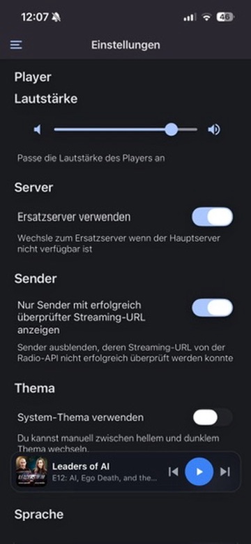 Radio Adfree Einstellungen mit dem Bereich Siri-Sprachsteuerung