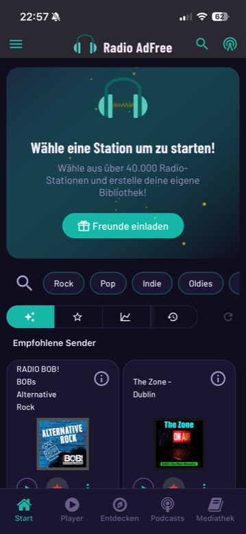 Radio Adfree Startseite - werbefreie Radio App ohne Werbung