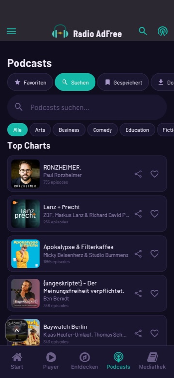 Radio Adfree Podcast-Verzeichnis mit Apple Top-Charts